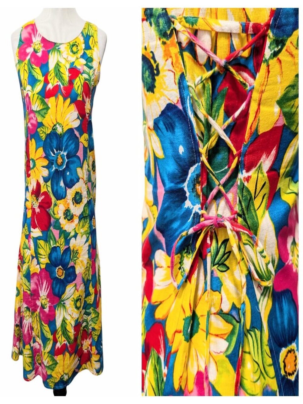 Vintage Vittadini Sport Womens Size 2 Tropical Floral Linen Cotton Lace Up Dress